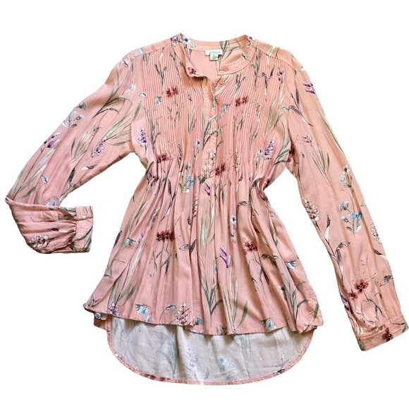 Sundance Floral Half-Button-Front Pinch Pleat Bodice Tunic Top Sz M Pink 108K - Picture 5 of 7